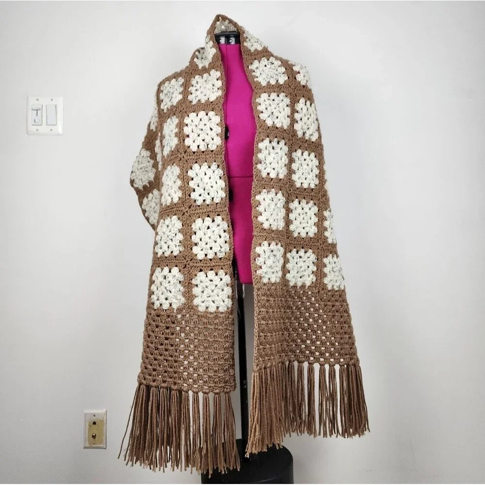 New Handmade Crochet Granny Square Shawl Wrap Scarf Brown Cream Boho Fringe